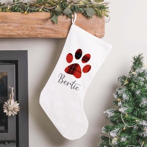 Personalised Christmas Stocking, Dog Stocking, Red Tartan Paw, Animal Stockings, Matching Stockings, Name Christmas Stocking, Pet Stocking