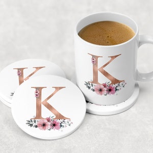 Personalised Initial Mug Set, Initial Mug, Rose Gold Monogram Mug, Monogram Mug Set, Coaster Mug, Flower Rose Gold Mug, Floral Mug