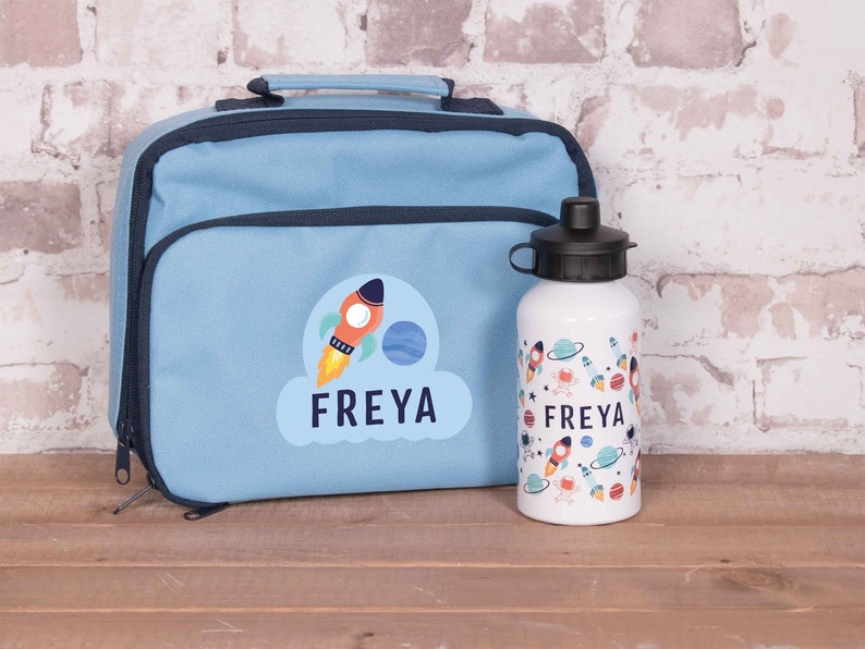 Personalised Childs Space Lunch Box, Childs Space Water Bottle, Child Space School Bag, Rocket Lunch Bag, Rocket Water Bottle, image 2