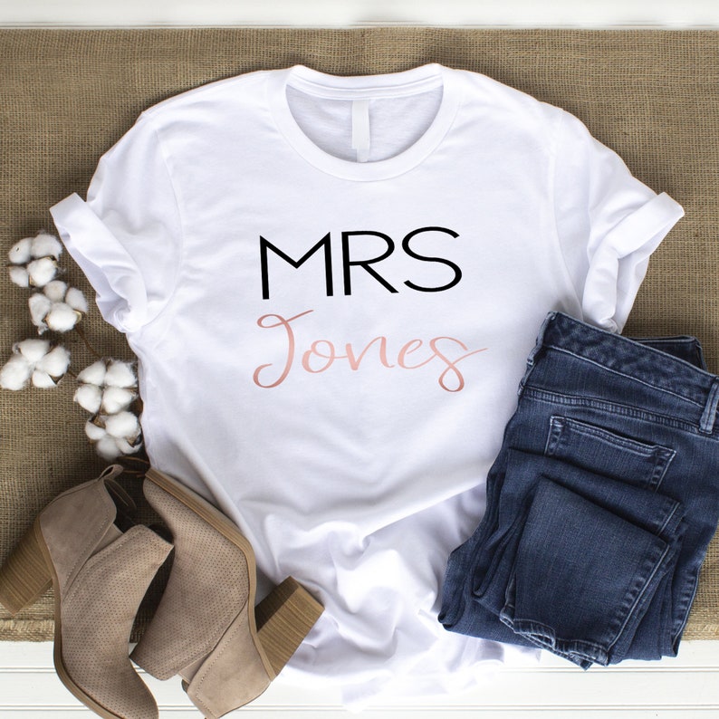 Personalised Mrs Bride T- shirt, New Mrs Tops, Bride To Be T-shirts, Wife T-shirts, Personalised Rose Gold Mrs T-shirts, Mrs Your Name Top, 