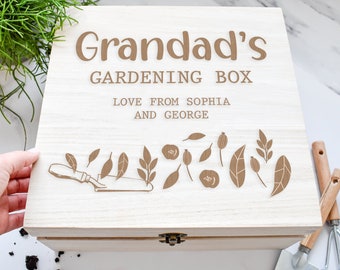 Personalisierte Gartenbox, Geschenk für Großvater, Aufbewahrungsbox für die Gartenarbeit, Geschenk für Vatertag, Geschenk für Opa, Box aus Holz, Samenbox, Werkzeugkiste