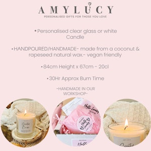 May include: A white candle in a clear glass jar with a label that says "Scented Candle". The candle is lit and the flame is visible. The candle is sitting on a white surface with a white and brown knitted blanket in the background. The candle is 8.4 cm tall and 6.7 cm wide and has a burn time of 30 hours.
