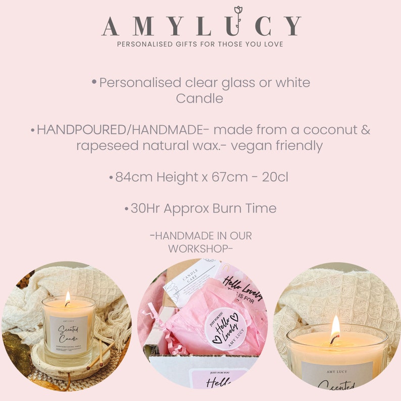 May include: A white candle in a clear glass jar with a label that says "Scented Candle". The candle is lit and the flame is visible. The candle is sitting on a white surface with a white and brown knitted blanket in the background. The candle is 8.4 cm tall and 6.7 cm wide and has a burn time of 30 hours.