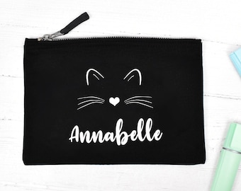 Personalised Cat Pencil Case, Child's Pencil Case, Personalised Pencil Case, Back To School, Girls Pencil Case, Black, School Sanitary Bag,