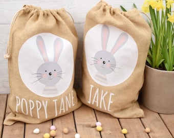 Personalised Cute Easter Bunny Jute Sack, Personalised Easter Bag, Child's Storage Bag, Easter Egg Hunt Gift Bag, Easter Egg Hunt Bags