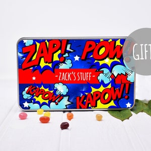 Personalised Comic Tin, Kids Storage Tin, Personalised Tin, Children&#39;s Bedroom Decor, Comic Decor, Superhero Decor, Boy&#39;s Storage,