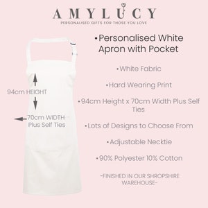 May include: White apron with a pocket, 94 cm high and 70 cm wide. The apron has self-ties and an adjustable necktie. It is made of 90% polyester and 10% cotton.