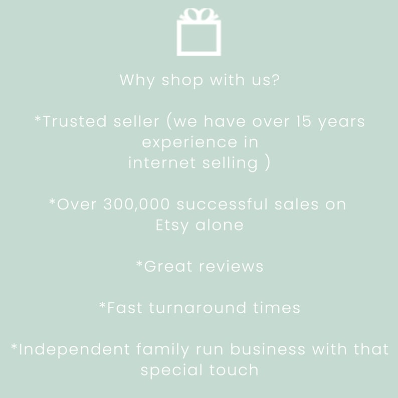 May include: A light blue background with white text that reads "Why shop with us?" followed by a list of reasons to shop with the seller, including "Trusted seller (we have over 15 years experience in internet selling)", "Over 300,000 successful sales on Etsy alone", "Great reviews", "Fast turnaround times", and "Independent family run business with that special touch".