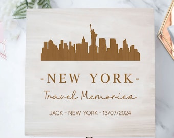 Scatola da viaggio di New York incisa personalizzata, scatola di ricordi di viaggio in legno, scatola regalo di avventure, scatola di ricordi delle vacanze di New York, amante dei viaggi