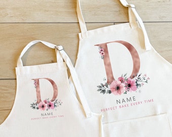 Personalised Initial Apron, Rose Gold Baking Gift, Watercolour Flowers Apron Cooking Gift, Initial Gift for Her, Custom Made, Your Words