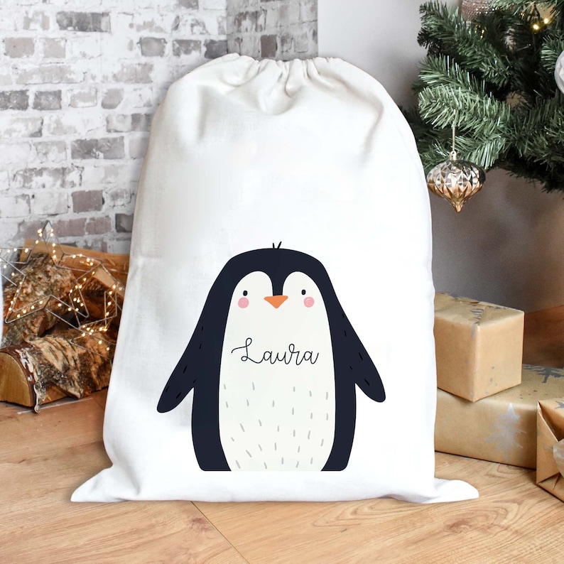 Personalised Christmas Sack, Penguin Christmas Sack, Kids Christmas Sack, Christmas Santa Sack, Penguin Gift Bag, Christmas Present Sack image 3