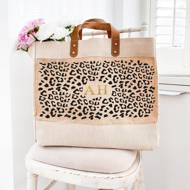 Personalised Monogram Jute Bag, Personalised Leopard Print Tote Bag, Luxury Bridal Gifts, Gift for Her, Mother's Day Bag, Custom Tote Bag 