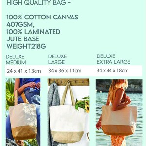 May include: Three tote bags made of 100% cotton canvas with a jute base. The bags are available in three sizes: medium, large, and extra large. The bags are shown in different settings, including a person holding the medium bag, a bag hanging on a hook, and a person holding the extra large bag in the water.