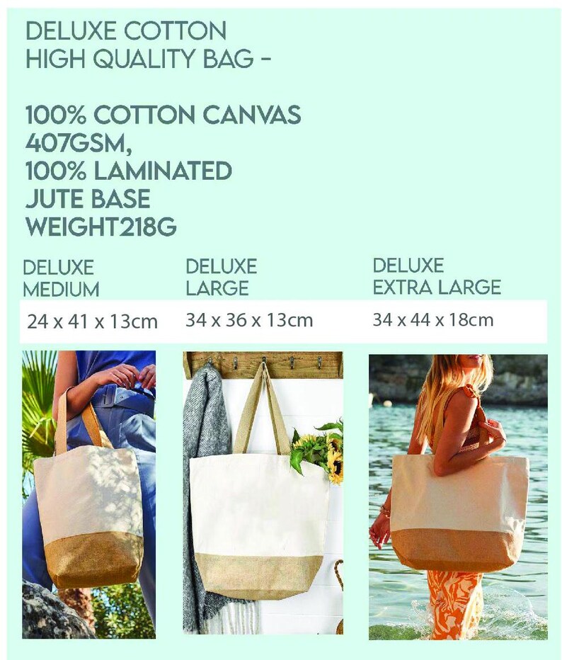 May include: Three tote bags made of 100% cotton canvas with a jute base. The bags are available in three sizes: medium, large, and extra large. The bags are shown in different settings, including a person holding the medium bag, a bag hanging on a hook, and a person holding the extra large bag in the water.