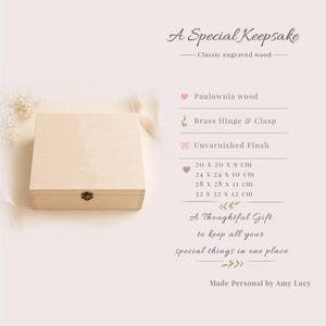 May include: A light-colored wooden keepsake box with a brass hinge and clasp. The box is made of Paulownia wood and has an unvarnished finish. Text on the image reads "A Special Keepsake" and "A Thoughtful Gift". Dimensions are 7.8 x 7.8 x 3.5 inches.