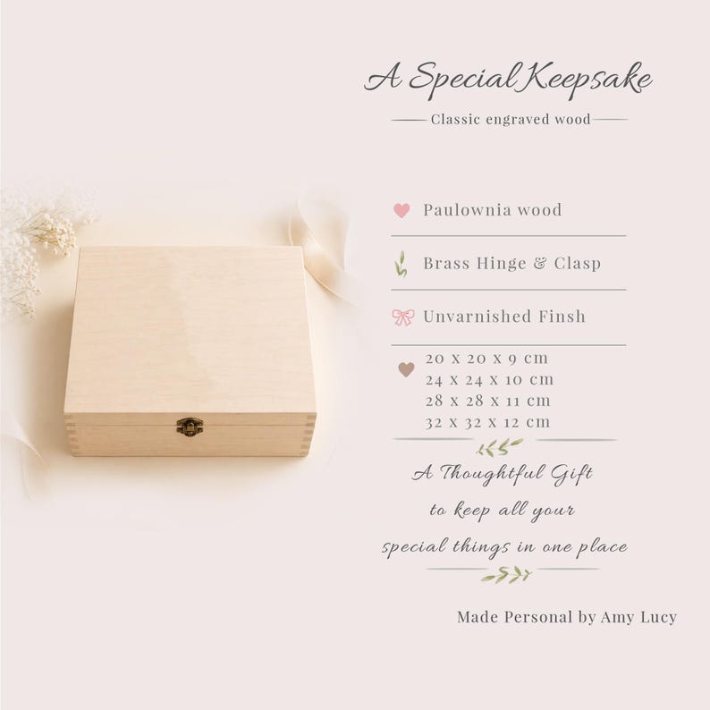 May include: A light-colored wooden keepsake box with a brass hinge and clasp. The box is made of Paulownia wood and has an unvarnished finish. Text on the image reads "A Special Keepsake" and "A Thoughtful Gift". Dimensions are 7.8 x 7.8 x 3.5 inches.