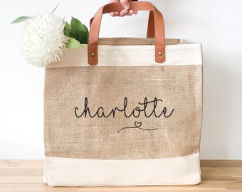 Jute Tote Bag - Personalised Name Shopping - Eco Friendly Natural Recycled Cotton Canvas