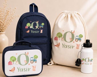 Ensemble de rentrée scolaire personnalisé sur le thème de la ferme, comprenant un sac à dos, une boîte à goûter, un sac de sport et une gourde. Cadeau idéal pour la crèche et l'école maternelle.
