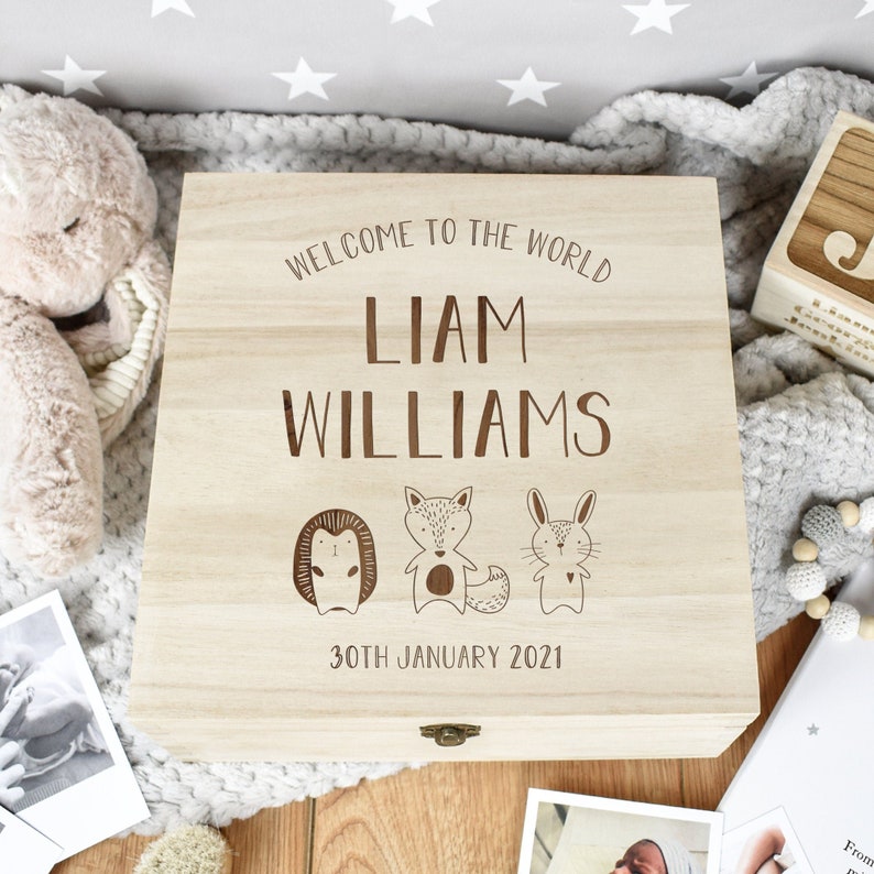 Personalised Woodland Animal Baby Box, Engraved Baby Keepsake Box, Woodland Nursery Décor, Newborn Memory Box, Engraved Box, New Baby Gift image 2