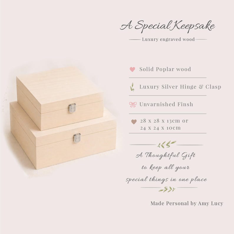 May include: Two light-colored wooden keepsake boxes, one stacked on top of the other. The boxes have silver hinges and clasps. Text on the image reads "A Special Keepsake" and "A Thoughtful Gift to keep all your special things in one place."