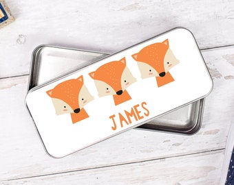 Personalised Fox Pencil Case, Fox School Pencil Case, Kids Fox Metal Pencil Case, Boys School Pencil Tin, Fox Gifts,