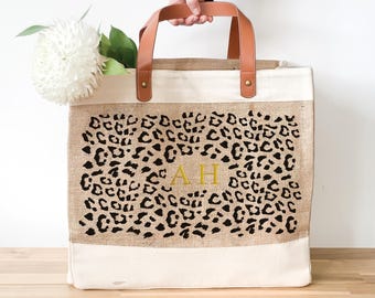 Jute Bag Monogram Personalised - Leopard Print with Faux Leather Straps - Custom Shopper for Her