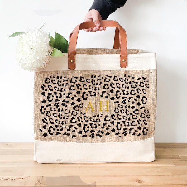 Bolso de yute con monograma personalizado - Estampado de leopardo con correas de piel sintética - Bolso shopper personalizado para ella