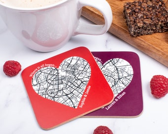 Personalised Heart Map Coaster, Couples Gift, Lovers Present, Custom Map Name, Keepsake, Boyfriend, Girlfriend, Husband, Wife, Engaged, Love