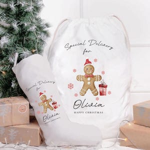 Personalised Gingerbread Man Christmas Sack, Gingerbread Christmas Gift Sack, Xmas Gift Bag, Custom Christmas Eve Sack, Xmas Gift Sack