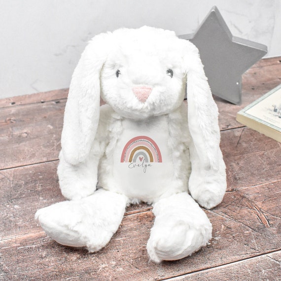 Personalised White Bunny Rabbit, Large Soft Toy, New Baby Gift, Rainbow Nursery Decor, Bunny Teddy, Baby Girl Gift, Baby Shower, Easter Baby