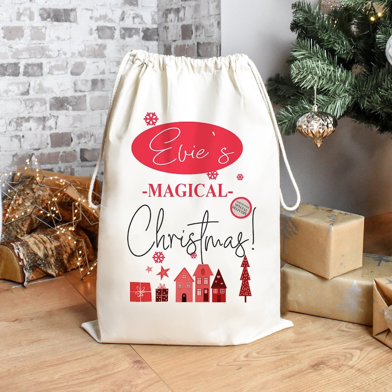 Personalised Santa Sack, Christmas Sack, Child's Kids Christmas Gift Sack, Cotton Santa Bag, Santa Toy Bag, Santa Toy Sack, Kids Drawstring, image 1