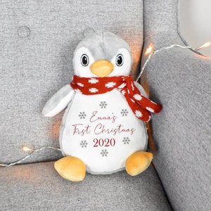 Nounours personnalisé pour premier Noël, cadeau de 1er Noël pour bébé, peluche renne, nounours pingouin, doudou personnalisé, chaussettes de remplissage pour bébé Penguin