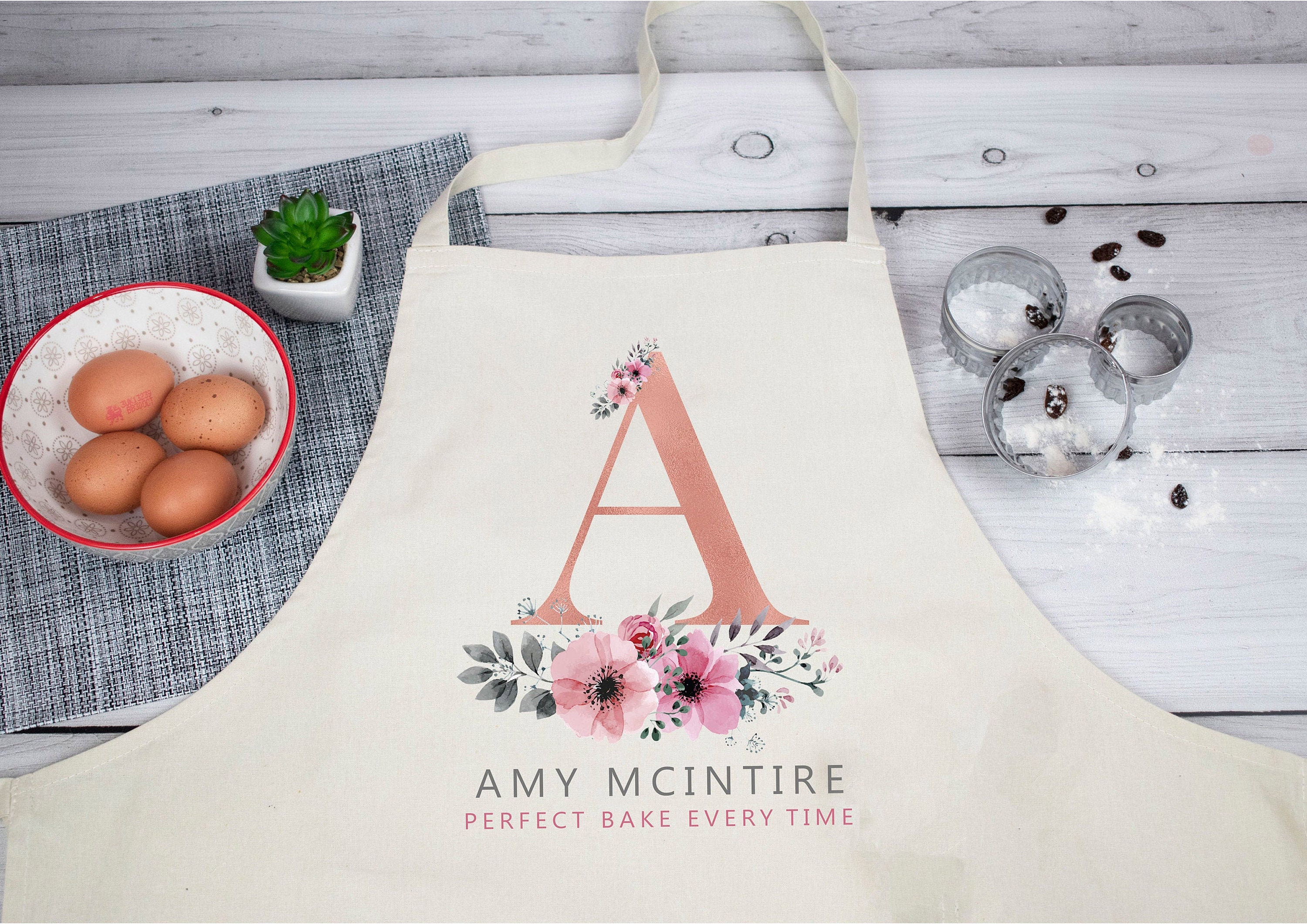 Tablier Initial Personnalisé, Cadeau de Cuisson en Or Rose, Cuisine Tablier Fleurs à L'aquarelle, Po