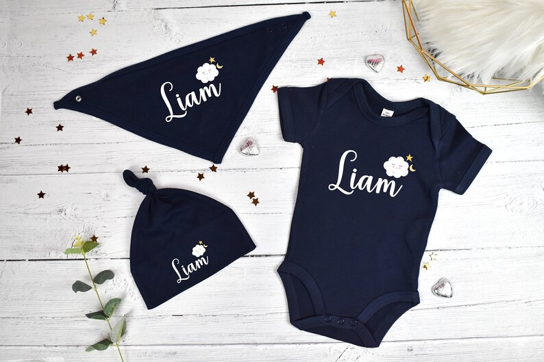 Personalised Baby Boy Gift Customised Baby Gift Personalised New Baby Gift Baby Boy Hat Vest /& Bib Personalised New Baby Boy Gift Set