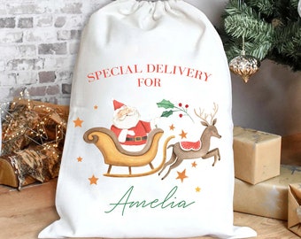 Personalised Christmas Sack, Christmas Santa Sack, Watercolour Xmas Sack, Xmas Gift Bag, Custom Wreath Christmas Eve Sack, Xmas Gift Sack