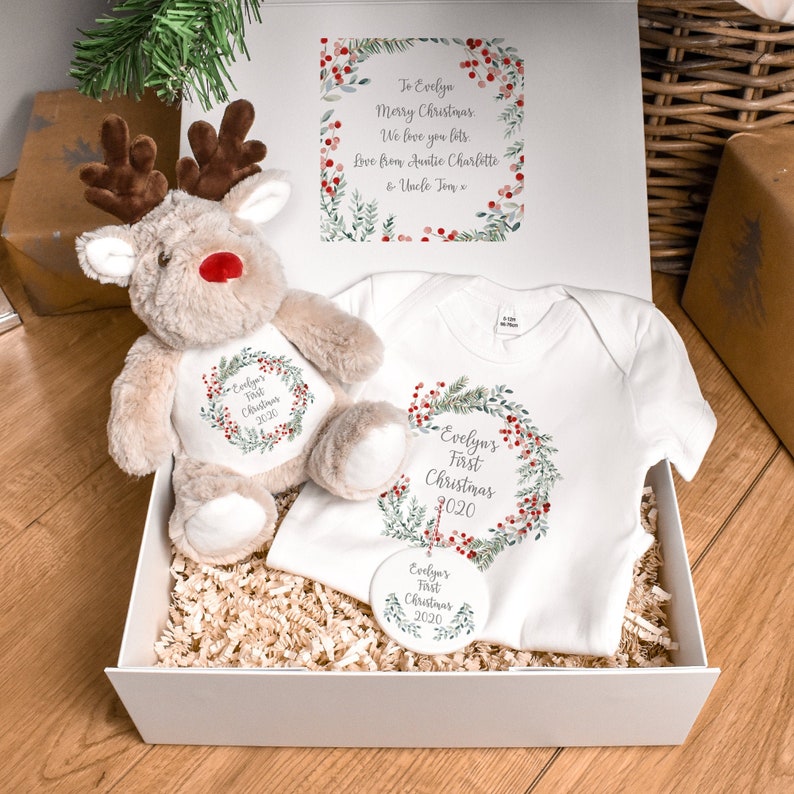 Set de regalo para la primera Navidad del bebé, caja de regalo personalizada para la primera Navidad, regalo para la primera Navidad del bebé, recuerdo navideño del bebé, caja de regalo de Navidad para el bebé imagen 1