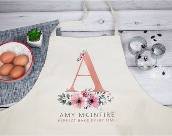 Personalised Initial Apron, Rose Gold Baking Gift, Watercolour Flowers Apron Cooking Gift, Initial Gift for Her, Custom Made, Your Words