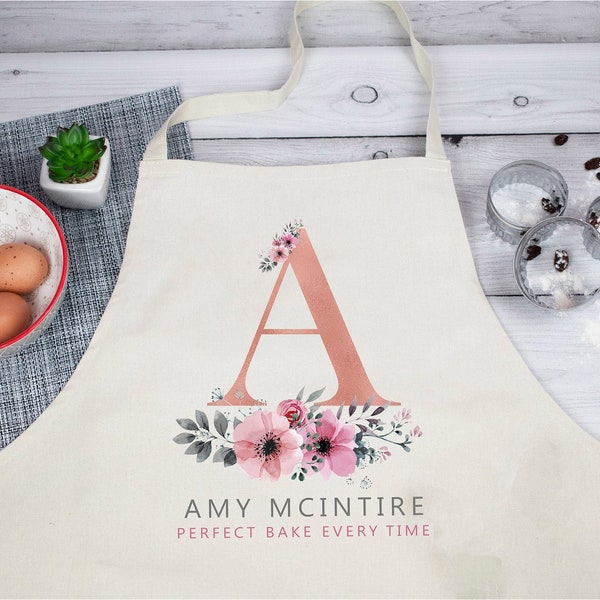 Personalised Initial Apron, Rose Gold Baking Gift, Watercolour Flowers Apron Cooking Gift, Initial Gift for Her, Custom Made, Your Words