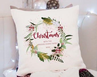 Personalised Christmas Cushion Family Christmas Cushion Christmas Decor Christmas Wreath, Christmas Decor, Xmas Cushion, Custom Name