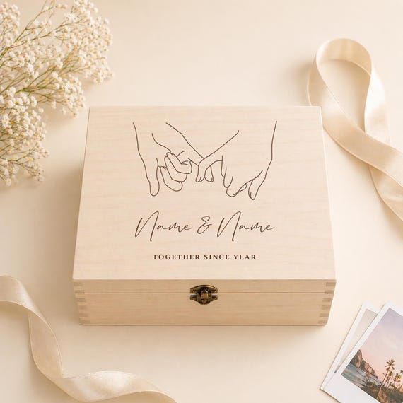 Engraved Pinky Couples Box, Personalised Wooden Wedding Memory Box, Custom Wedding Day Gift, Couple Anniversary Gift, Newlywed Gift,