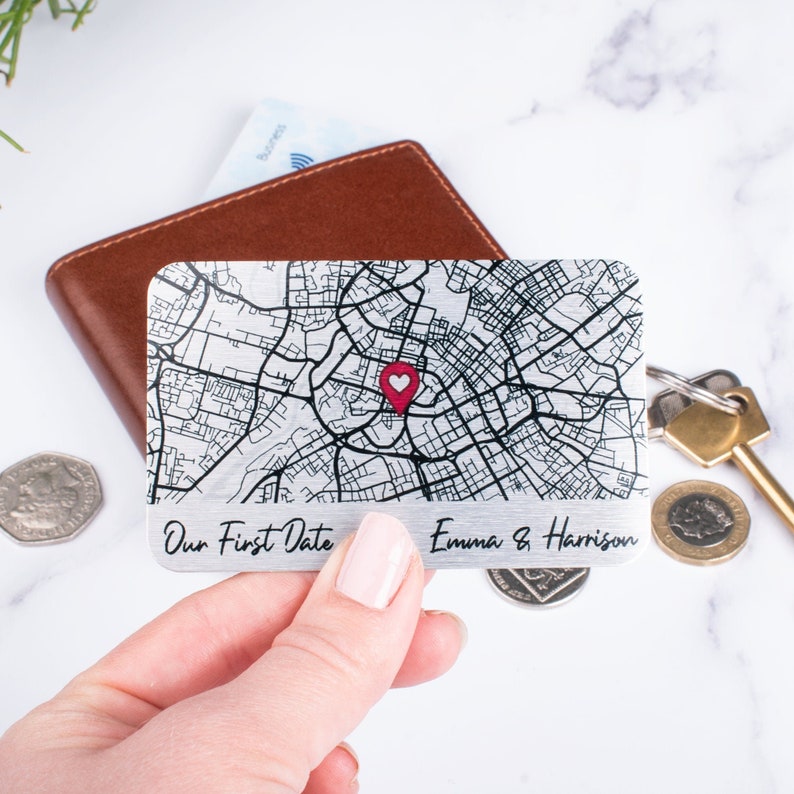 Personalised Map Wallet Card, Where We Met, Couples Valentine's Gift, Custom Anniversary Gift, Keepsake For Him Her, Metal Map Wallet Insert image 1
