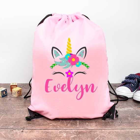 Personalised Unicorn Toddler Drawstring Bag PE Gym Kids Girls Sports Pink 