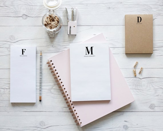 Monogram, hand lettered personalised luxury notepads in three size and two paper options
