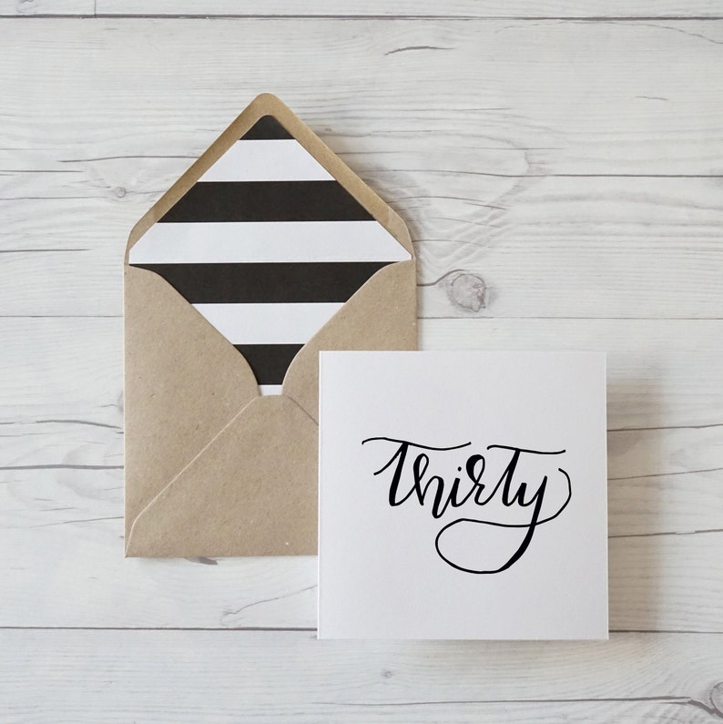 hand lettered thirtieth birthday card with kraft luxury envelope Thirty