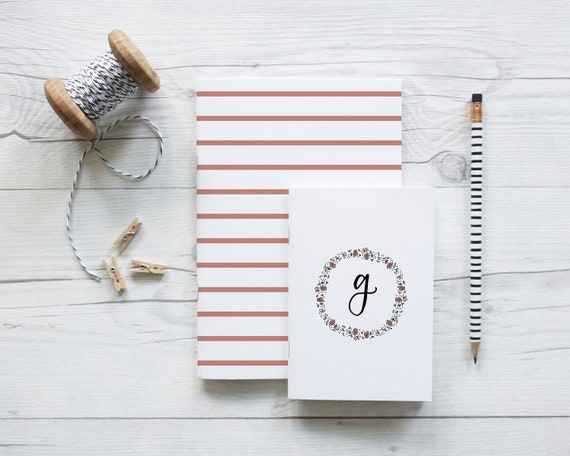 Monogram Floral Wreath and Stripe, set of two handcrafted notebooks