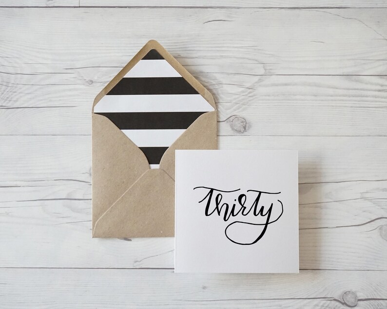hand lettered thirtieth birthday card with kraft luxury envelope Thirty