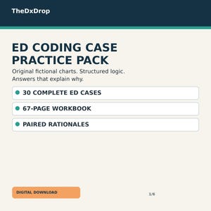 Puede incluir: Paquete de práctica de casos de codificación ED TheDxDrop en descarga digital con gráficos ficticios originales y lógica estructurada. Incluye 30 casos ED completos, un libro de trabajo de 67 páginas y fundamentos con respuestas explicativas.