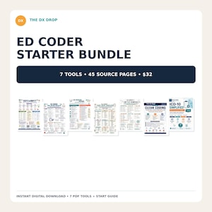 Pode incluir: O pacote inicial ED Coder da The DX Drop inclui 7 ferramentas e 45 páginas de origem. A coleção digital apresenta documentos intitulados Keep It or Drop It, ED Coder Final Review Checklist, ED Modifier Decoder, Chart Speak Translator, Top 50 Searches, Clean Coding e ICD-10 Simplified.