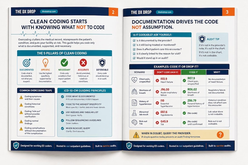 Op de afbeelding: Een dubbele pagina uit de "The DX Drop" gids. Pagina 2 behandelt schoon coderen, met secties over de 5 pijlers en veelvoorkomende overcoderingsvallen. Pagina 3 bespreekt documentatie en geeft codeer voorbeelden.