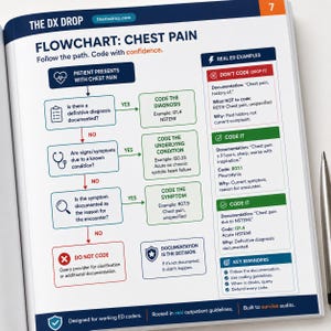 Op de afbeelding: Een pagina van "The DX Drop" met een stroomdiagram getiteld "CHEST PAIN" (Pijn op de borst). Het diagram leidt gebruikers door een besluitvormingsproces met "JA"- en "NEE"-paden, inclusief voorbeelden en belangrijke herinneringen. Ontworpen voor ED-codeerders.